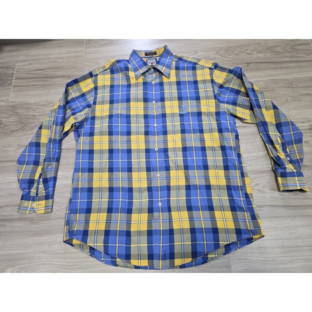 Faconnable Mens Large Button Shirt Check Long Sleeve Blue Yellow